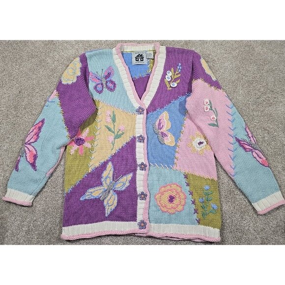 Storybook 3D Hand Knit Sweater Patchwork Embroidery Butterflies Floral Women's S - Picture 1 of 13